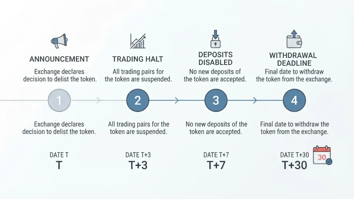 Infographic timeline showing the four stages of delisting