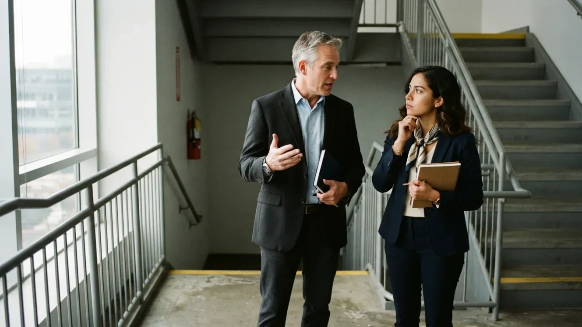 Documentary photo of two executives in conversation at an office stairwell