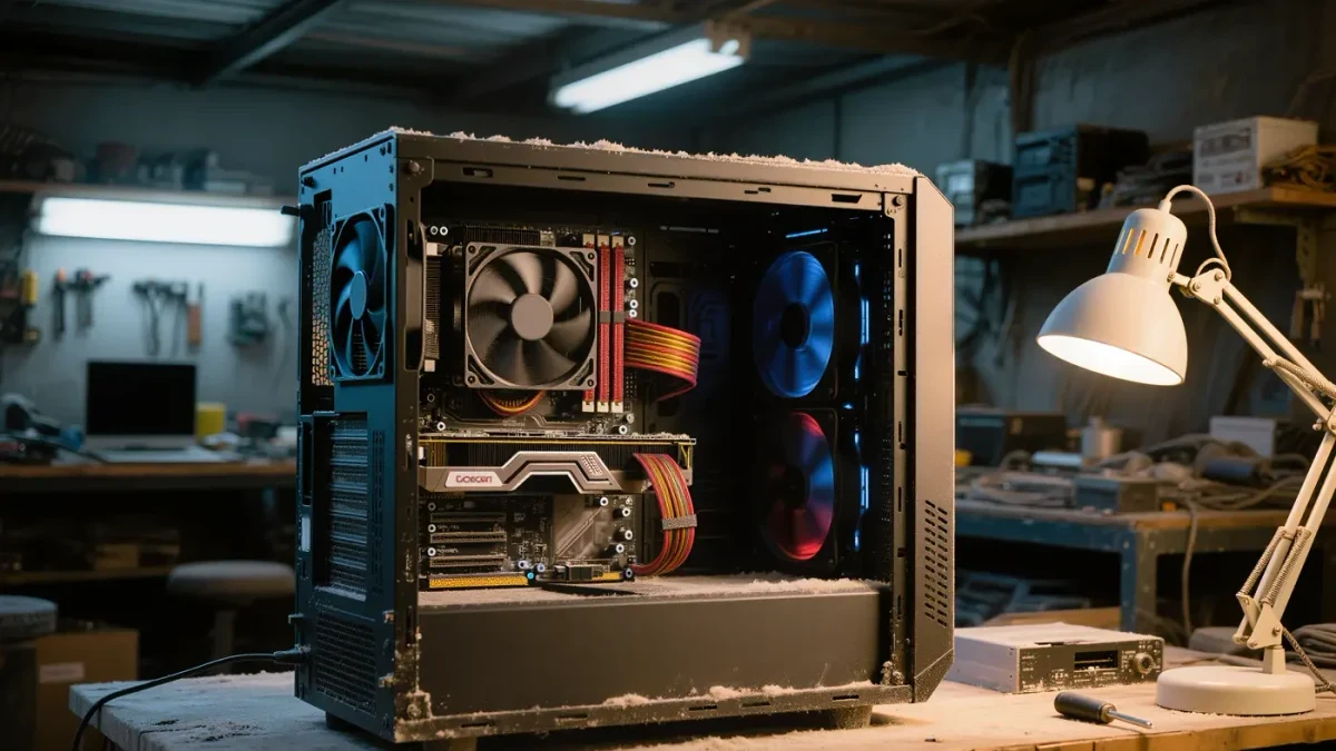 Open PC case interior with cables and cooling fans under desk light
