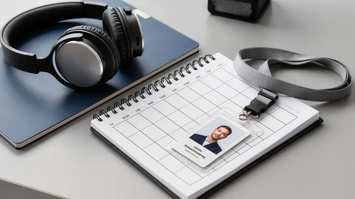 Close-up of sign language interpreting schedule cards and a headset on a desk