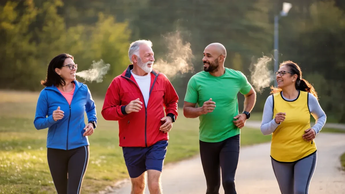 Diverse group of runners conversing at easy pace on park trail
