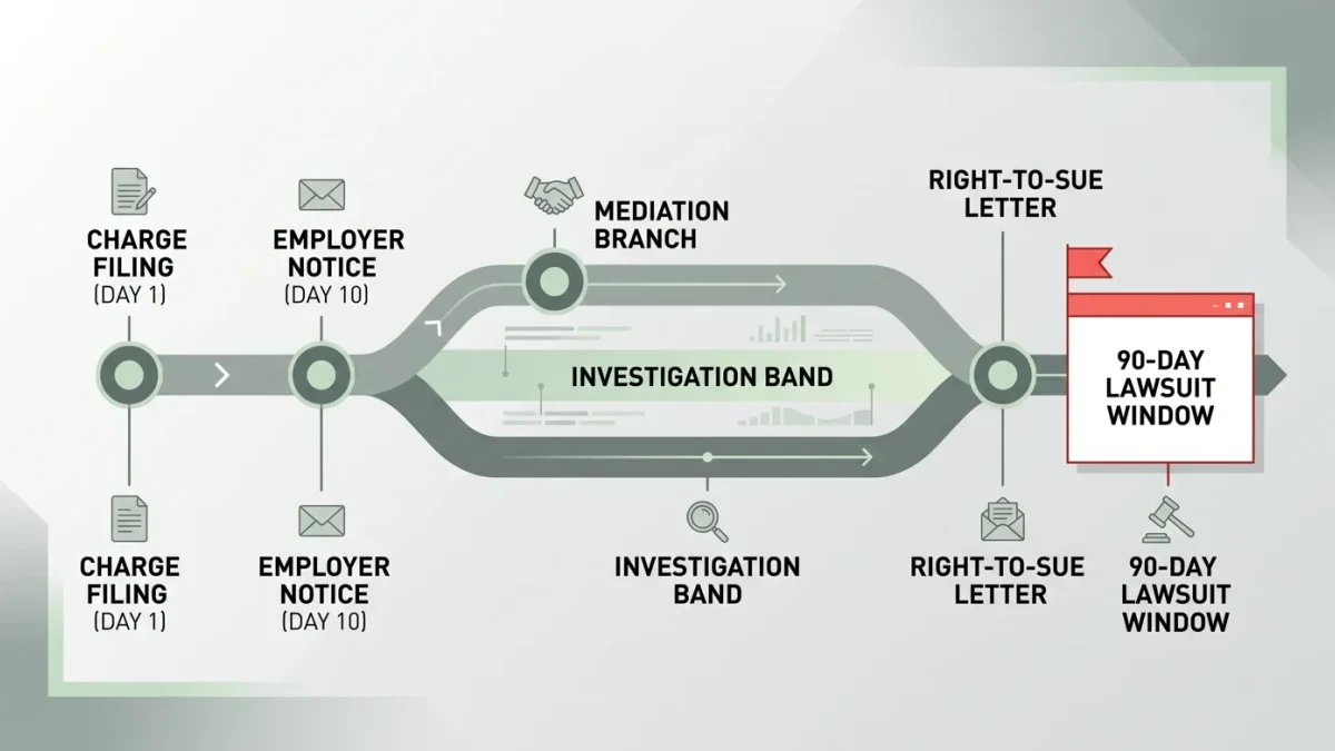 Timeline graphic of the charge-to-lawsuit process with deadline markers