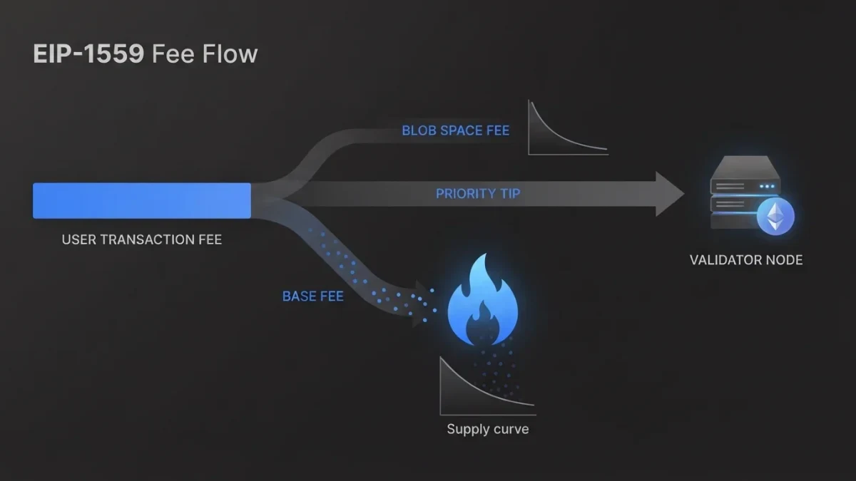 Infographic of a gas fee splitting into burned base fee and tip