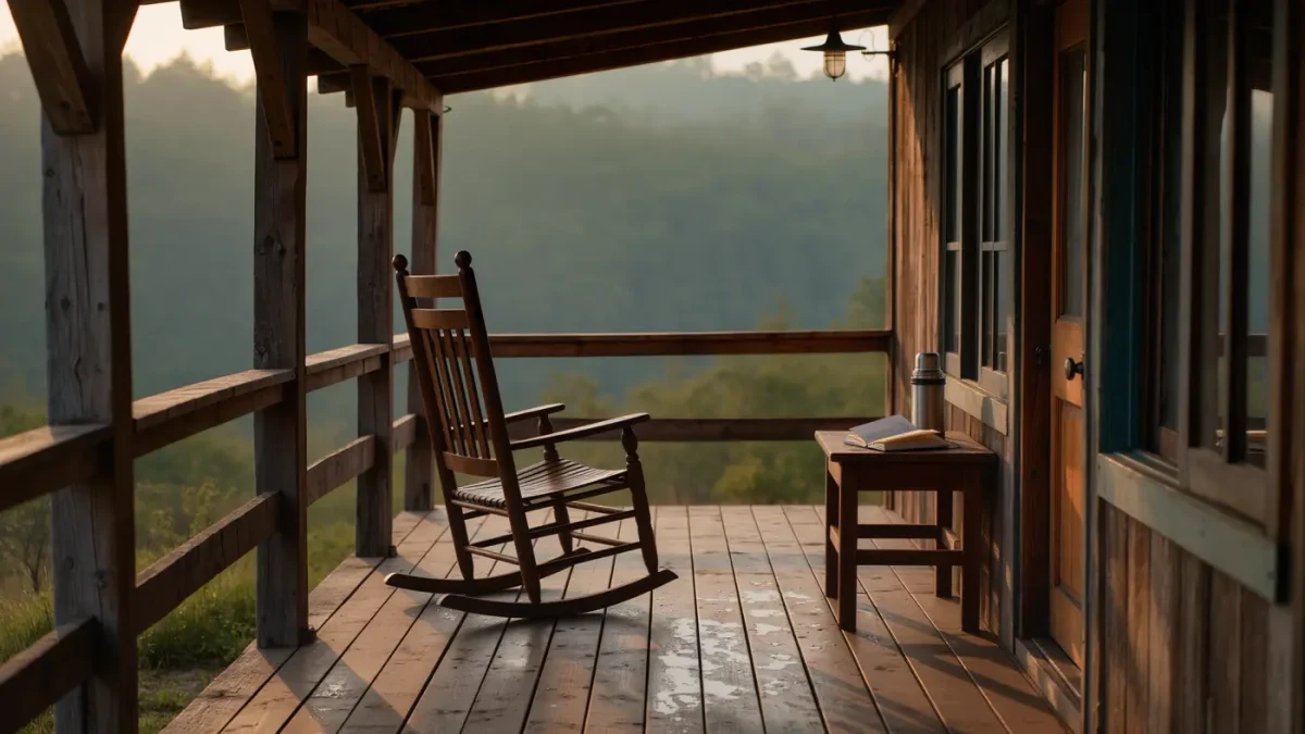 Empty cabin porch with a rocking chair and notebook