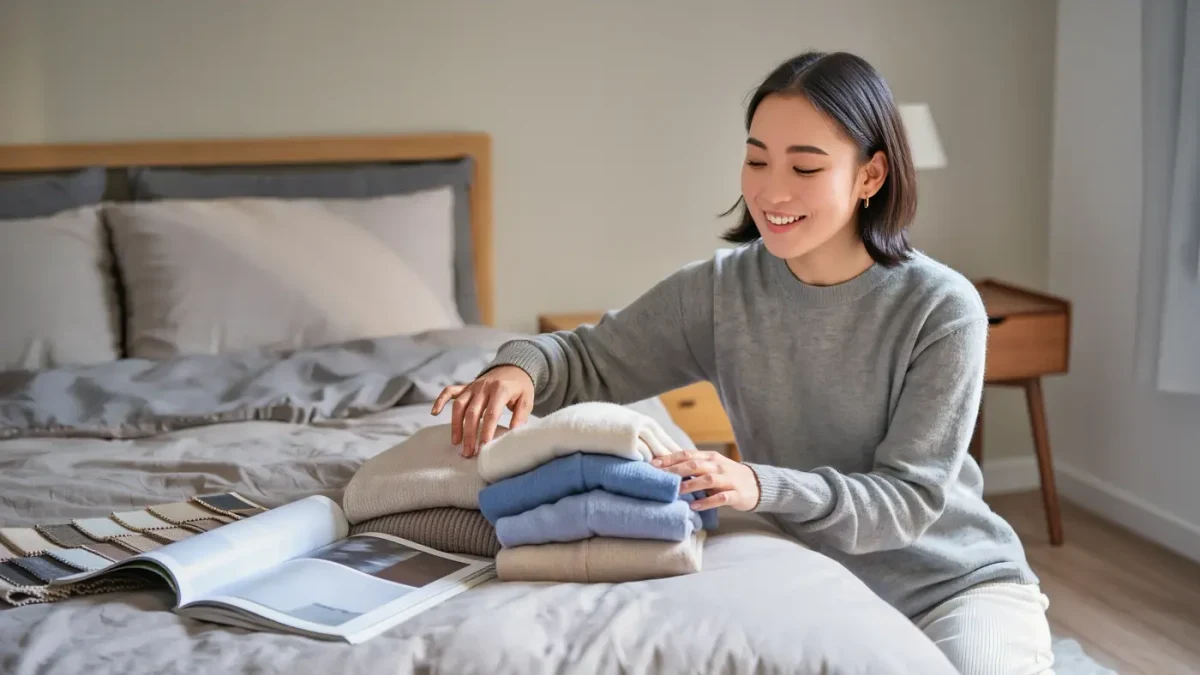 Woman sorting folded knitwear by color on a bedroom bed in soft morning light
