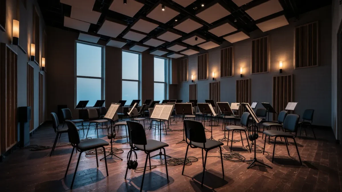 Empty scoring stage with music stands and headphones at dawn