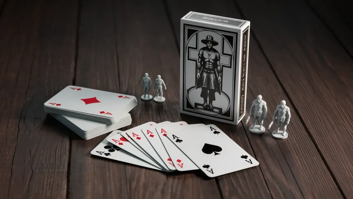 Card game box and painted miniatures arranged during play