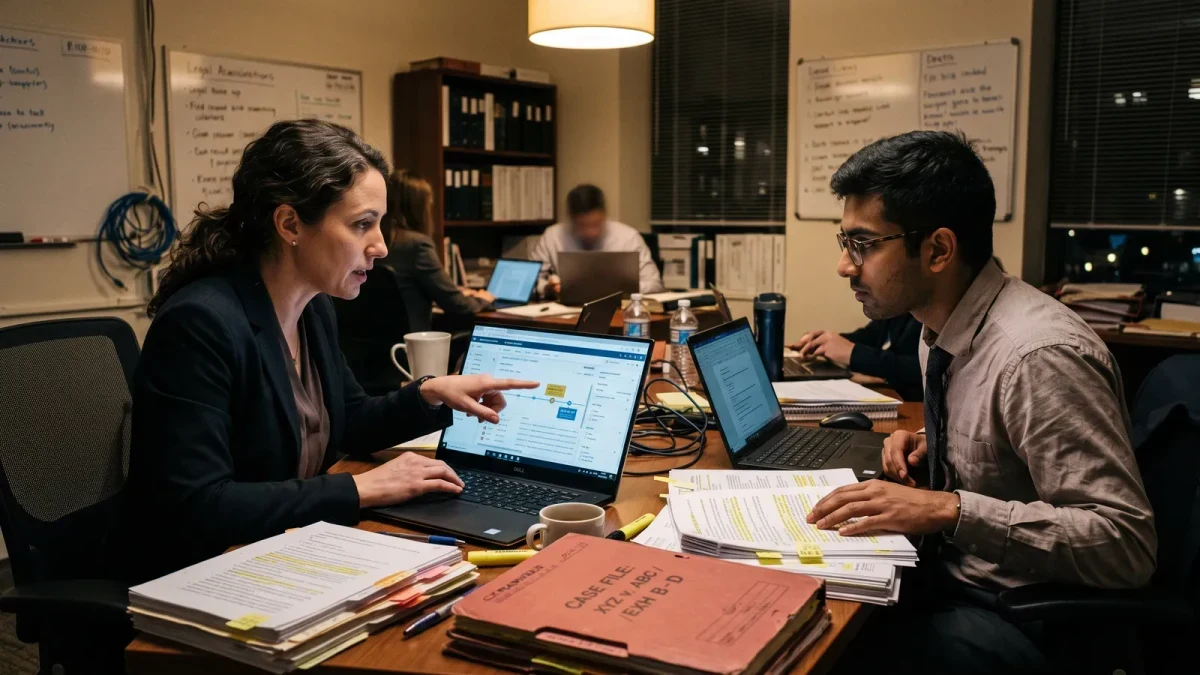Litigation counsel team reviewing document collections at a war-room table