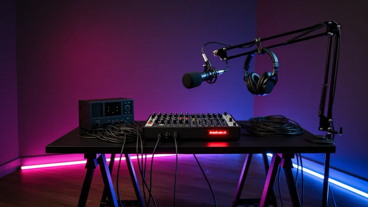 Streaming desk setup mid-broadcast without people