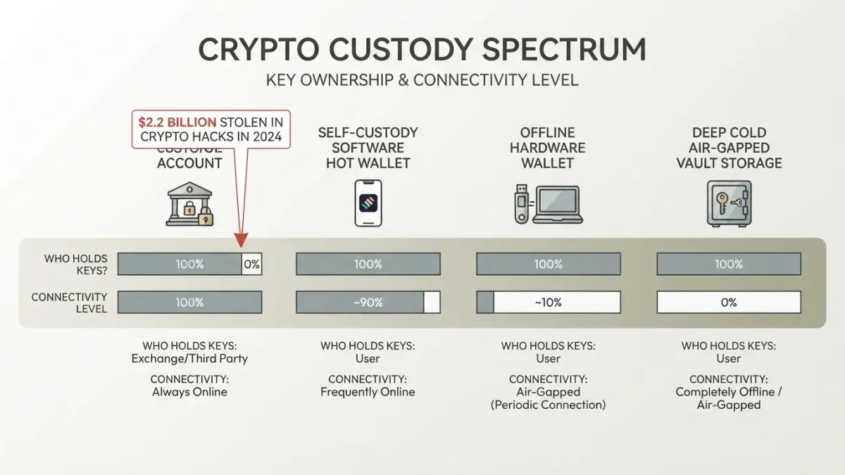 Infographic chart of the crypto custody spectrum from hot wallets to cold storage
