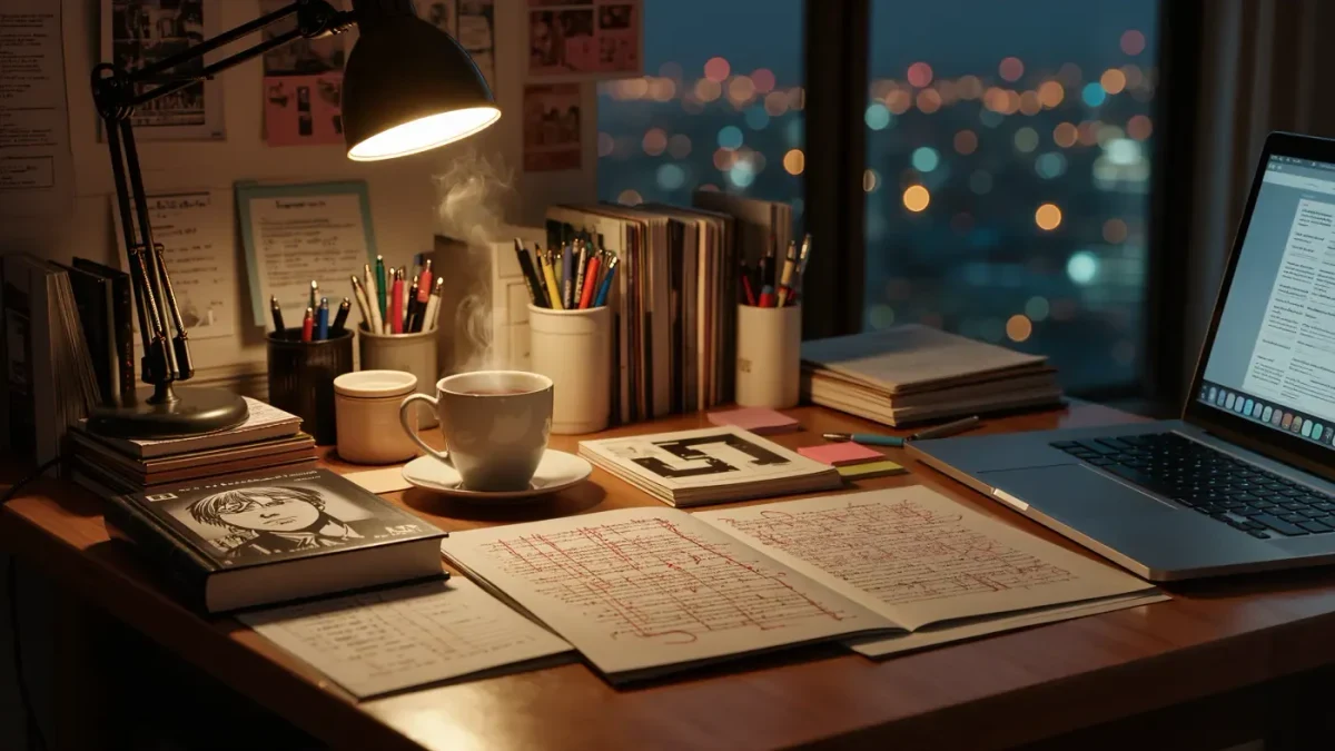 Translator's desk with manuscript pages and a blank graphic volume