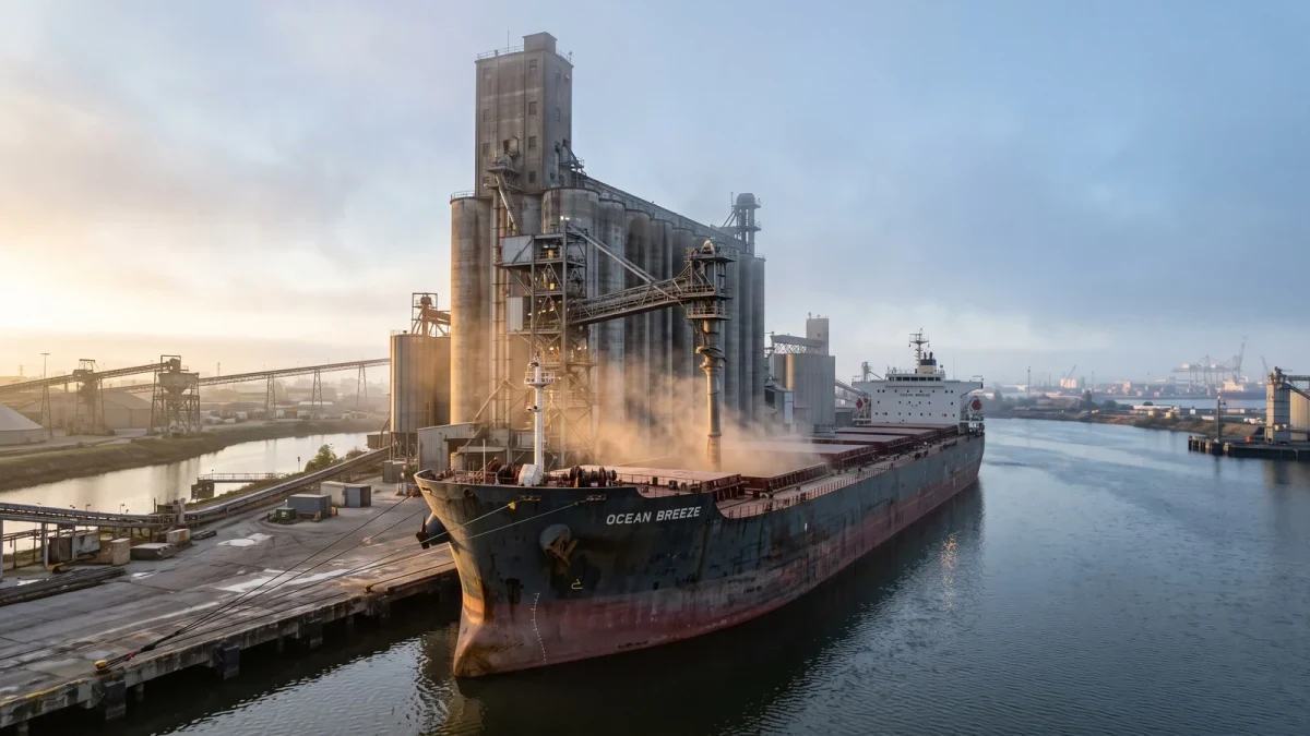 Grain elevator loading an ocean vessel at export terminal