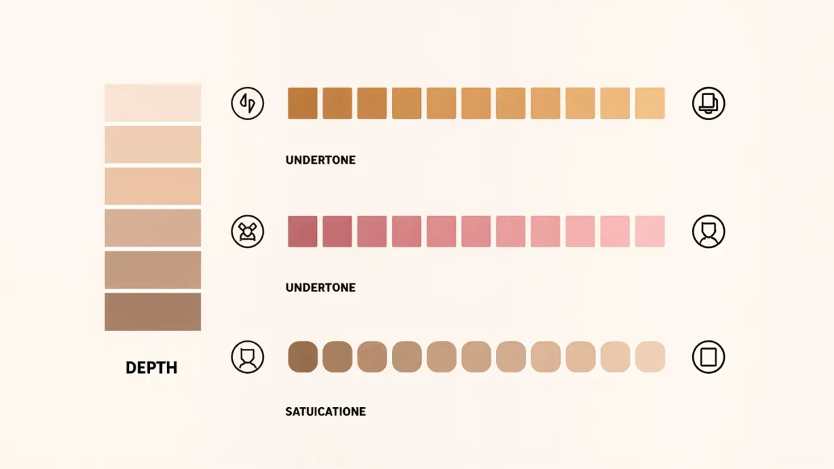 Clean infographic diagram of foundation shade matching by depth, undertone and saturation