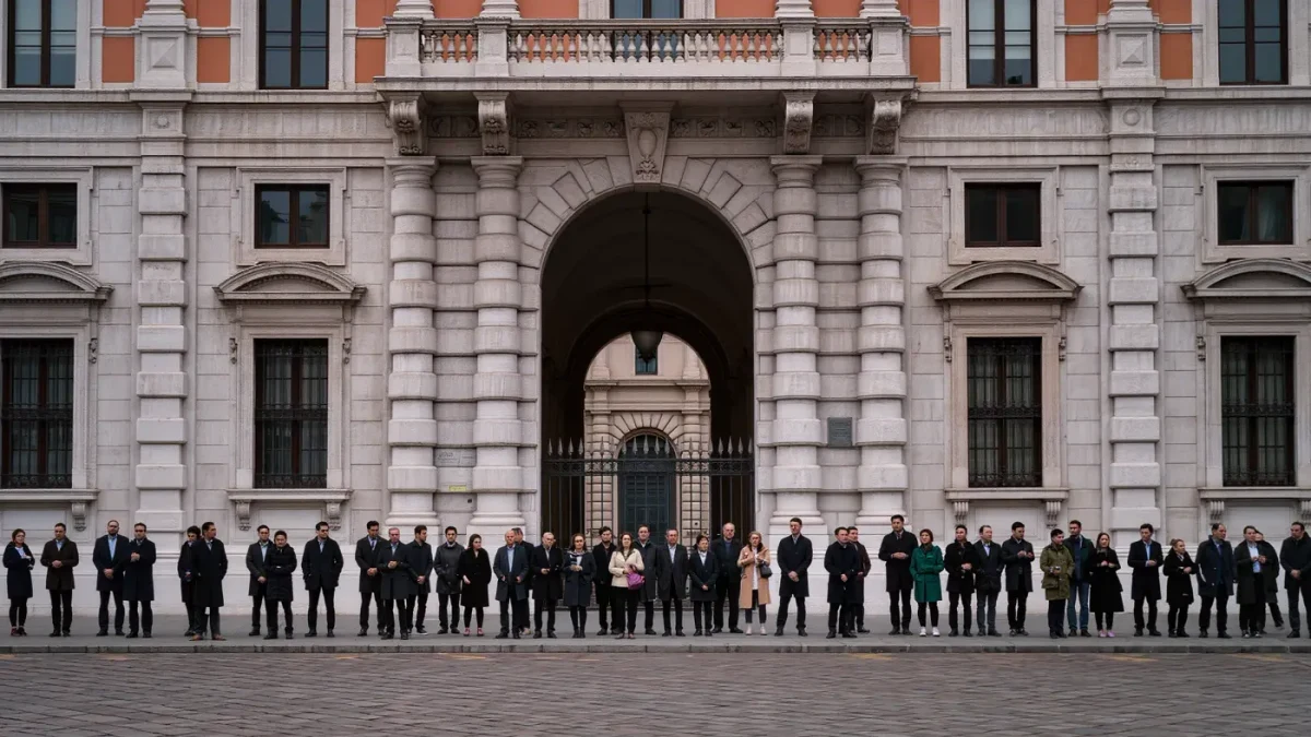 Candid documentary street scene outside a Milan fashion week venue, diverse attendees in dark tailored coats checking phones and greeting each other under natural daylight, no recognizable faces