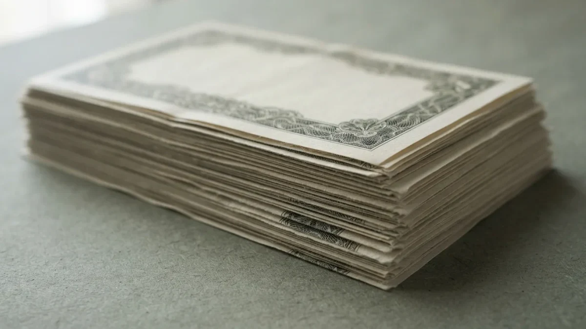 Macro photograph of stacked US savings bond certificates blank