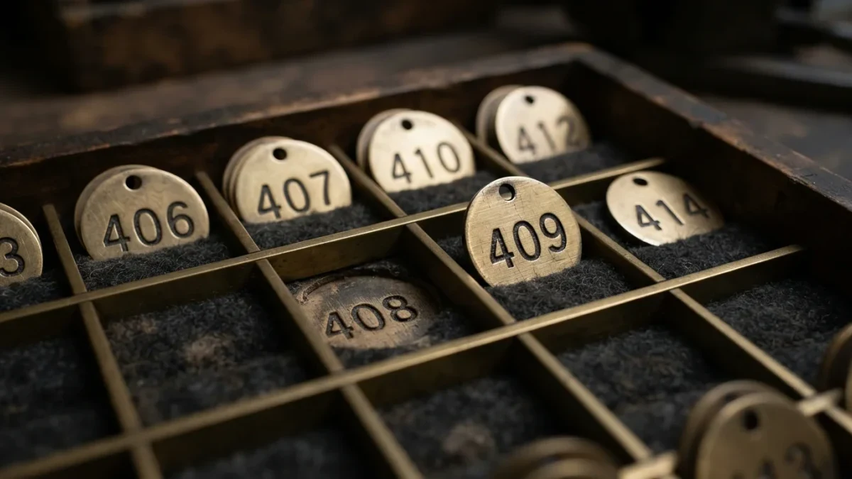 Engraved brass inventory tags sorted in a felt-lined wooden tray under studio light