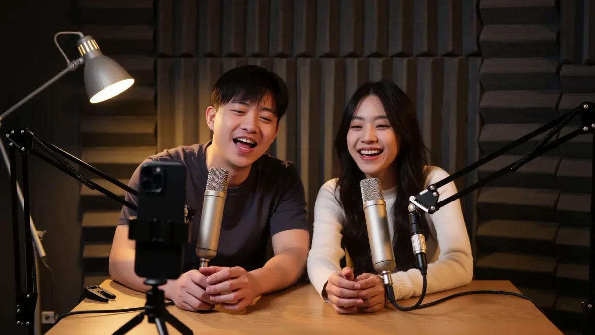 Two podcast hosts mid-conversation filmed by vertical phone camera