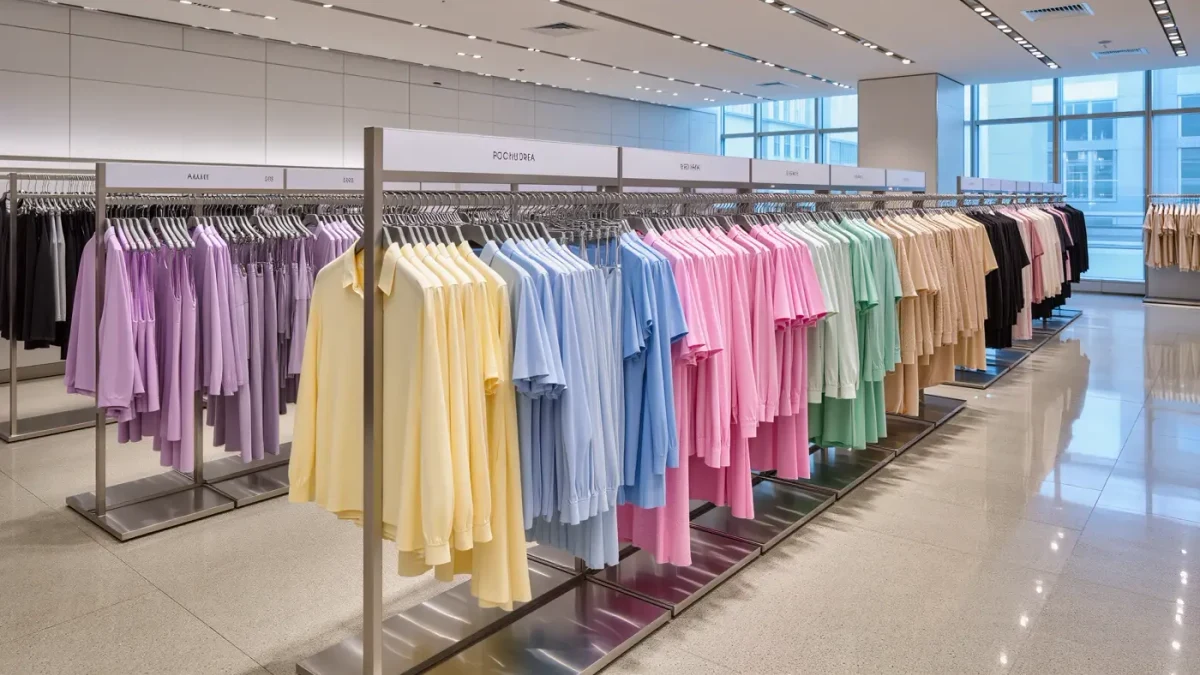 Quiet department store apparel floor with neat racks of spring clothing and daylight