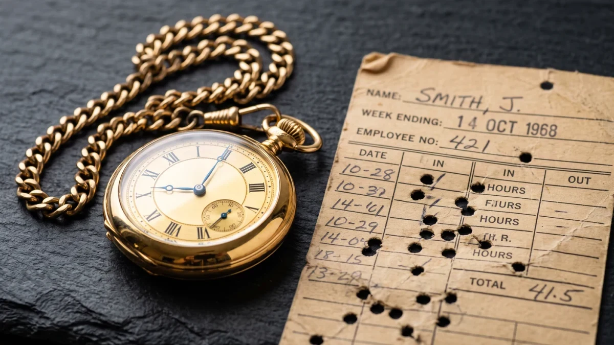 Executive pocket watch beside an hourly employee's timecard punch card