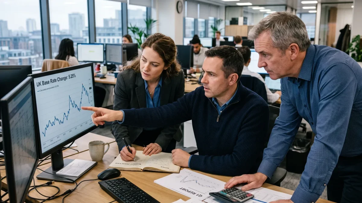 Three analysts reviewing a rate announcement on a shared monitor