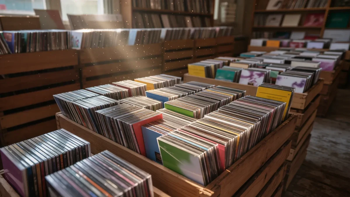Crate of used compact discs at a second-hand shop