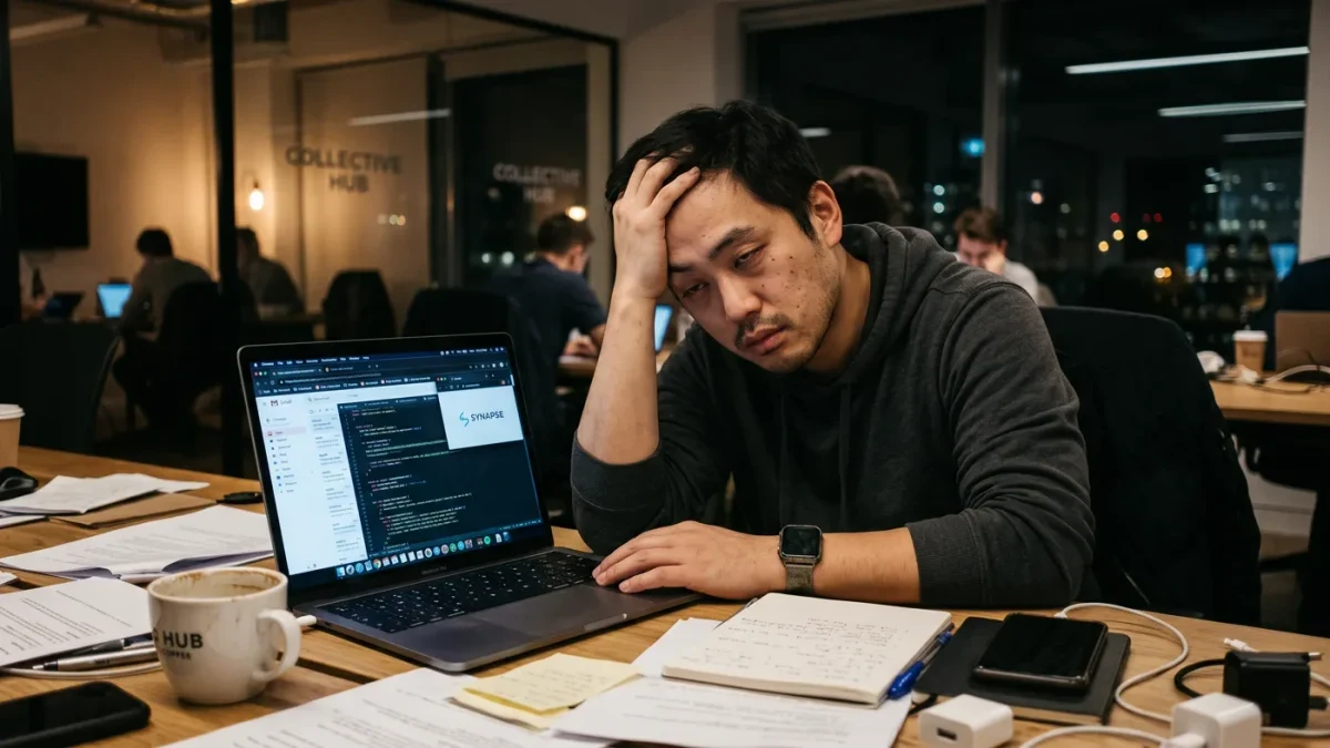 Tired founder resting head in hand at desk in dim office