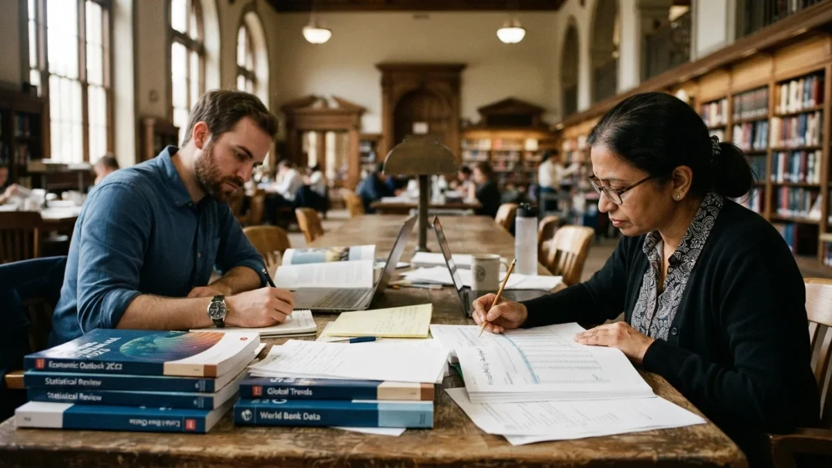 Economists reviewing documents in a government library reading room