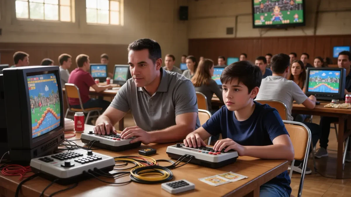 Older and younger players competing together at a retro gaming tournament