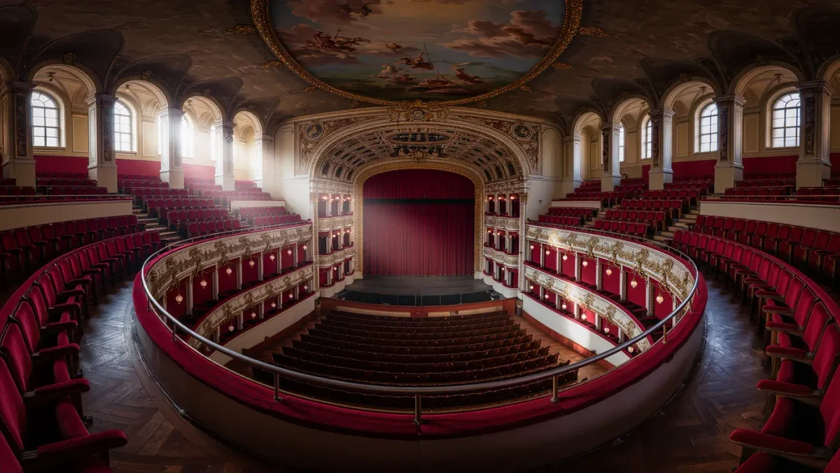 Empty gilded opera house auditorium with red velvet seats in morning light