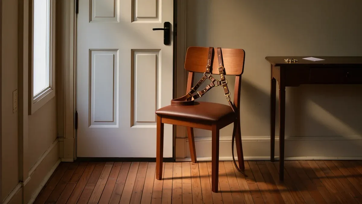 A guide dog harness resting by an apartment door