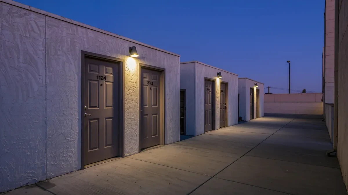 Empty leasing office corridor in an apartment community at dusk