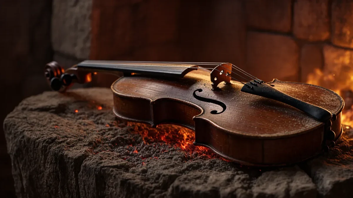 Weathered old violin lying on a stone hearth beside fading embers