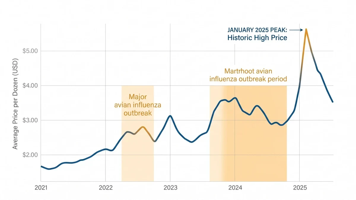 Line chart of egg prices spiking and recovering over seasons