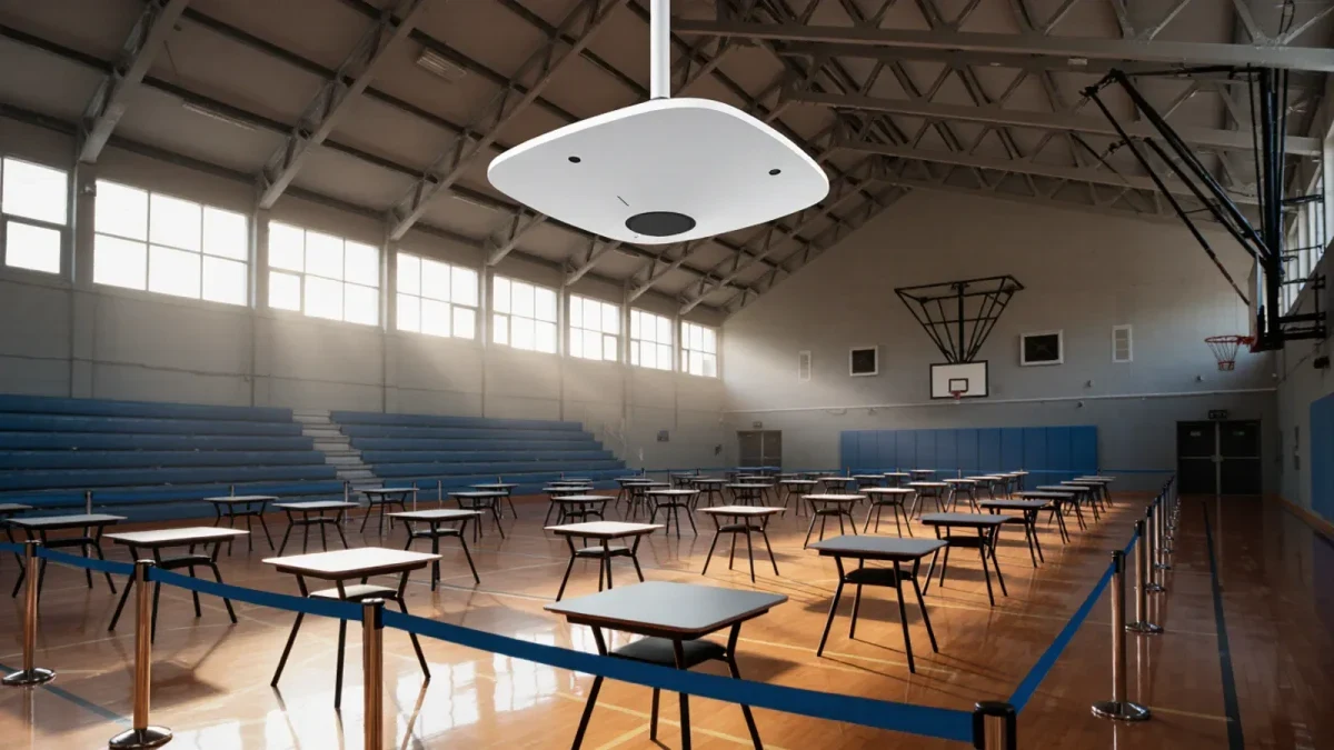 Ceiling Wi-Fi access point above empty testing hall