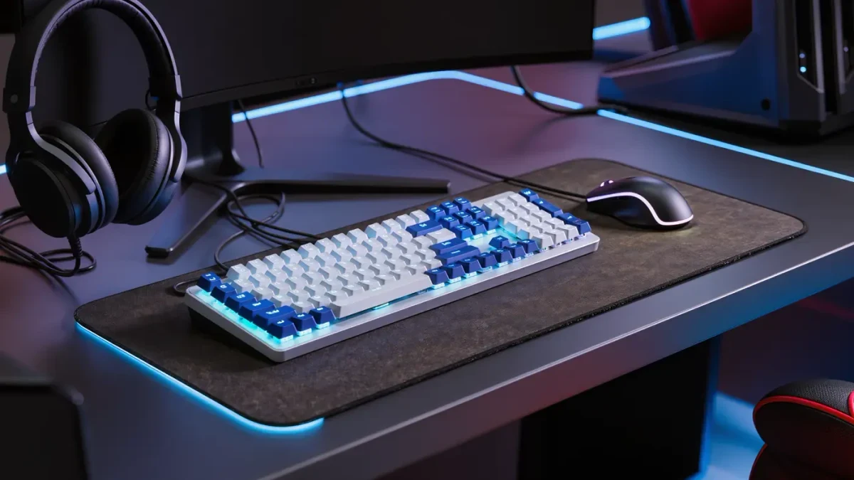 Close-up of hands on mechanical keyboard at team PC