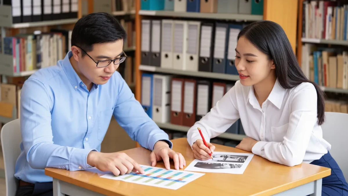 Two researchers comparing printed wealth list charts in an archive room