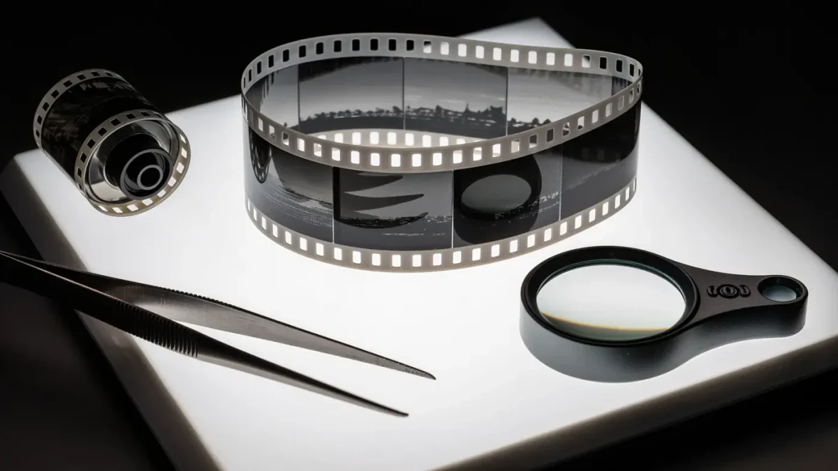 Developed black and white negatives on a lightbox under a loupe