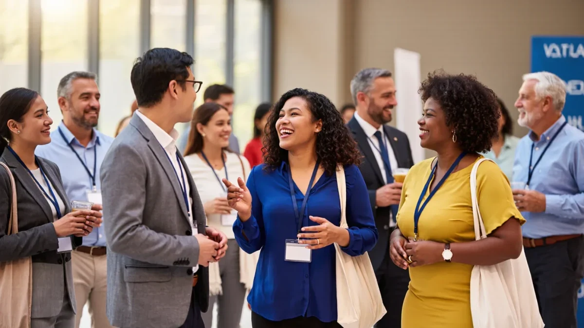 Conference crowd networking at a music industry panel event