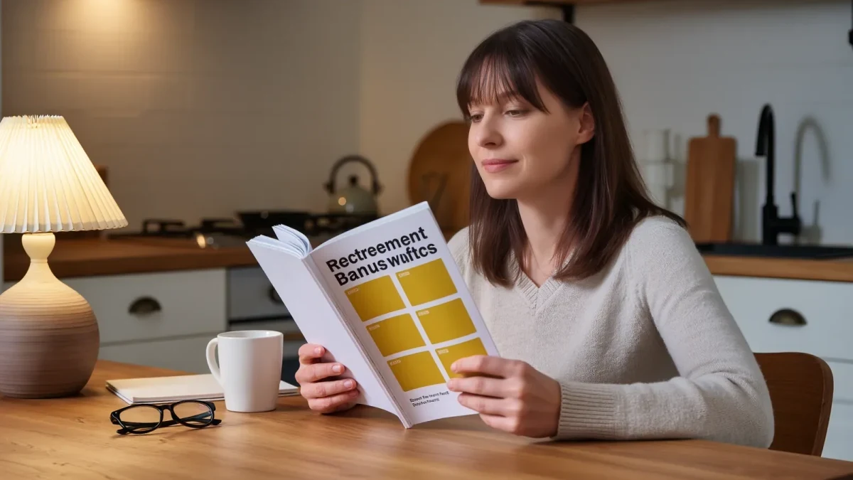 A young teacher reviewing pension paperwork at a kitchen table
