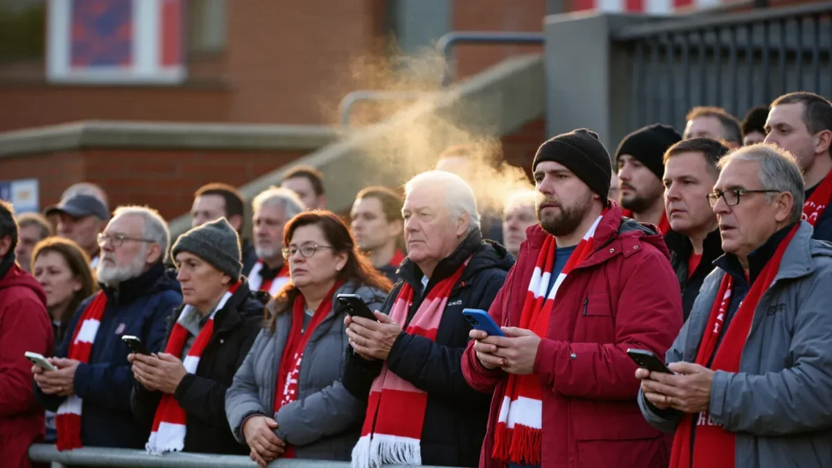 Football fans outside a stadium scrolling phones on deadline day