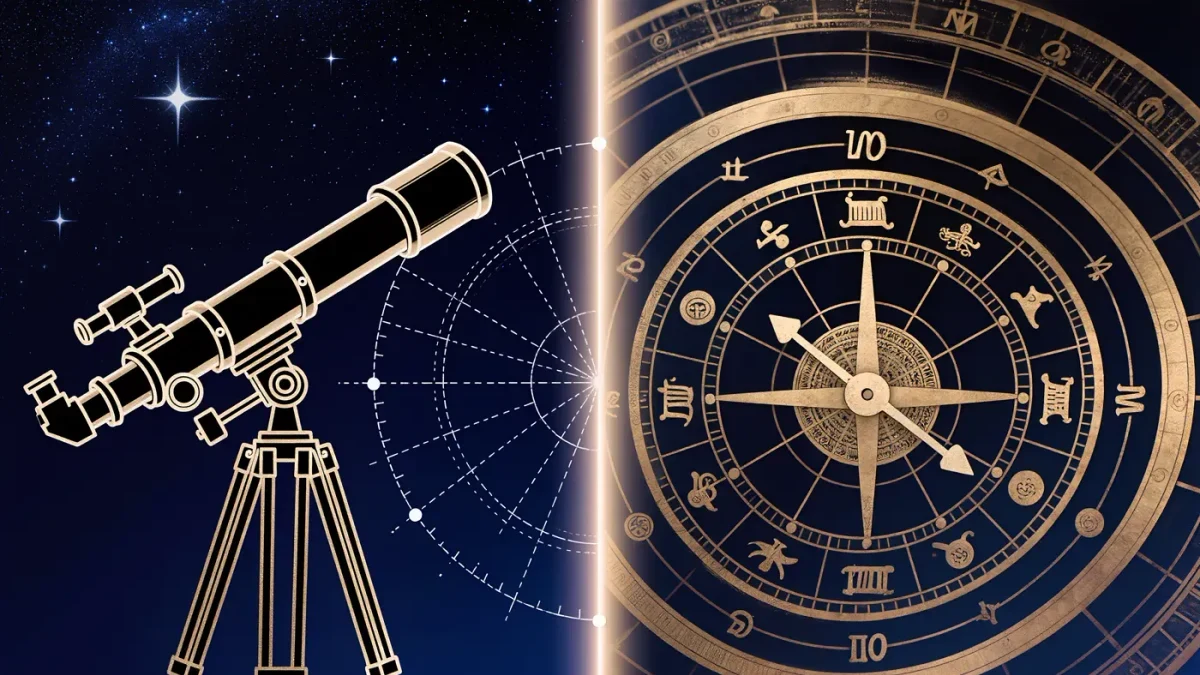 Labeled celestial illustration contrasting a telescope and a chart wheel