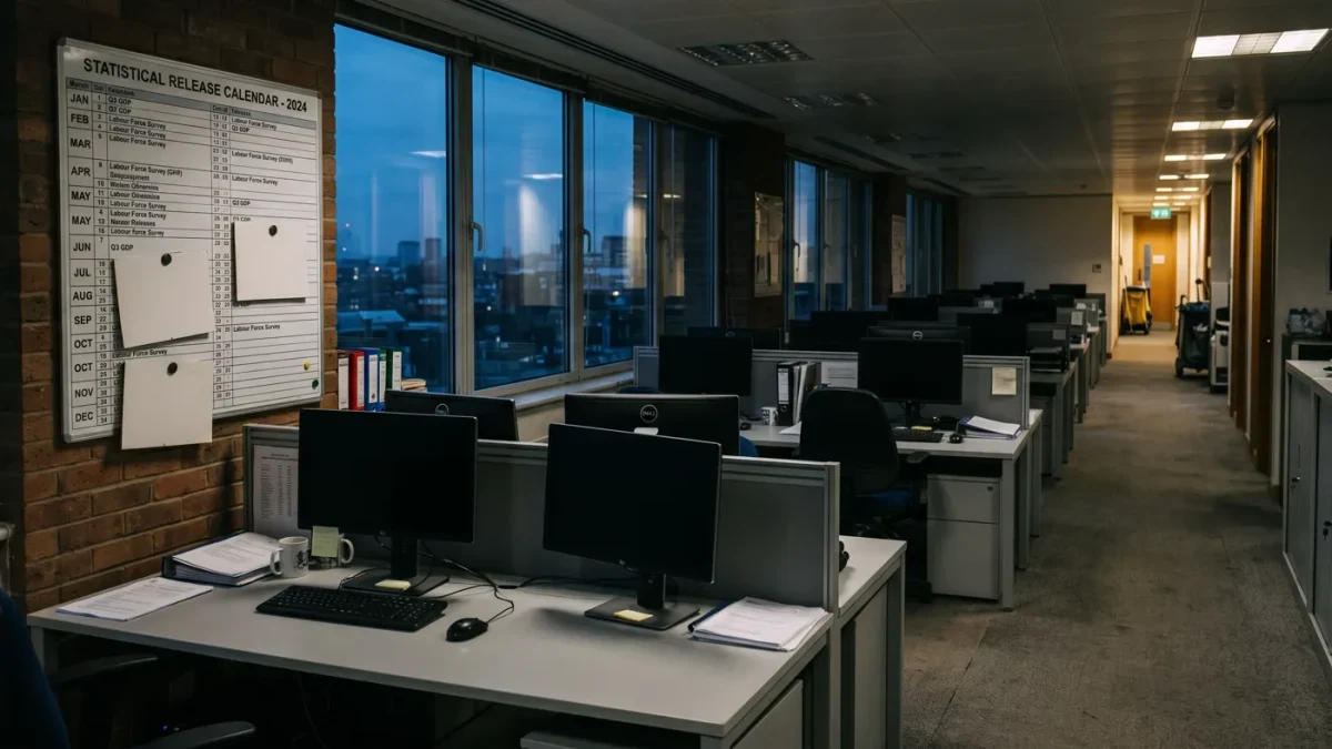 Empty desks in a statistical agency office beside a stopped release calendar