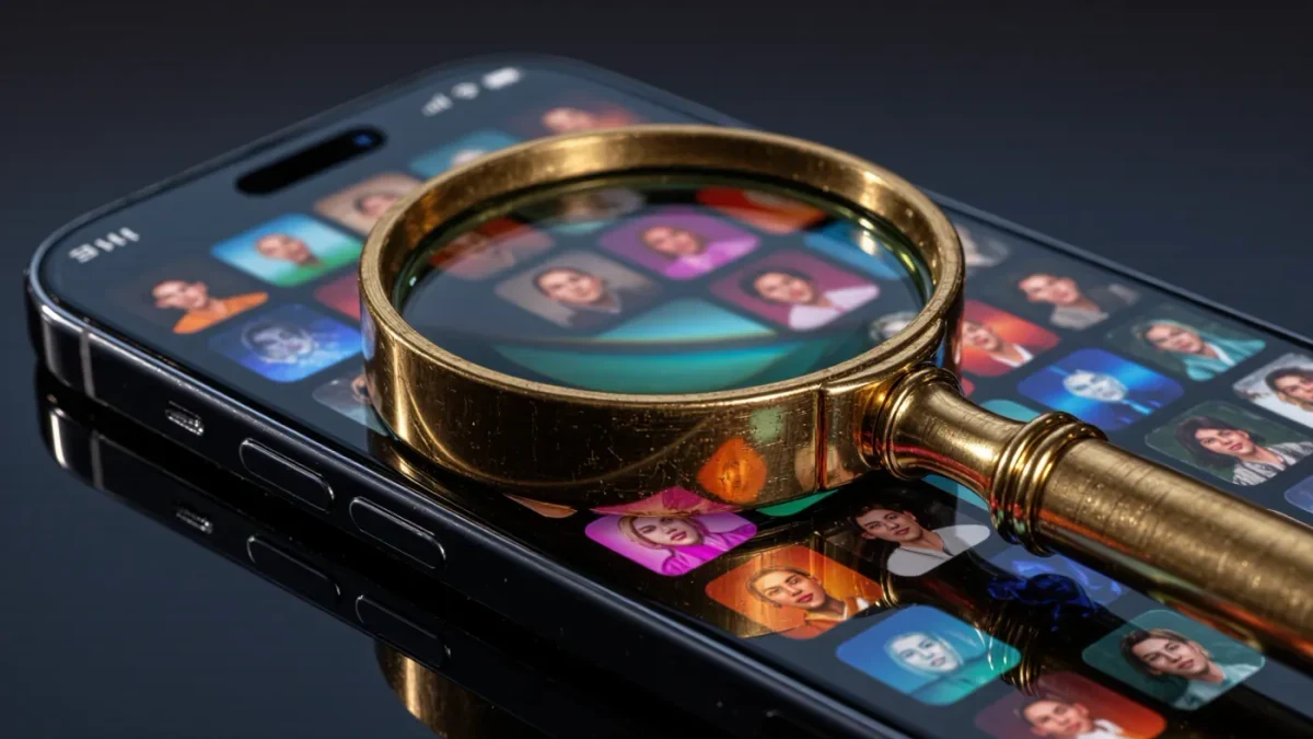 Brass magnifying glass over a phone showing a blurred avatar mosaic