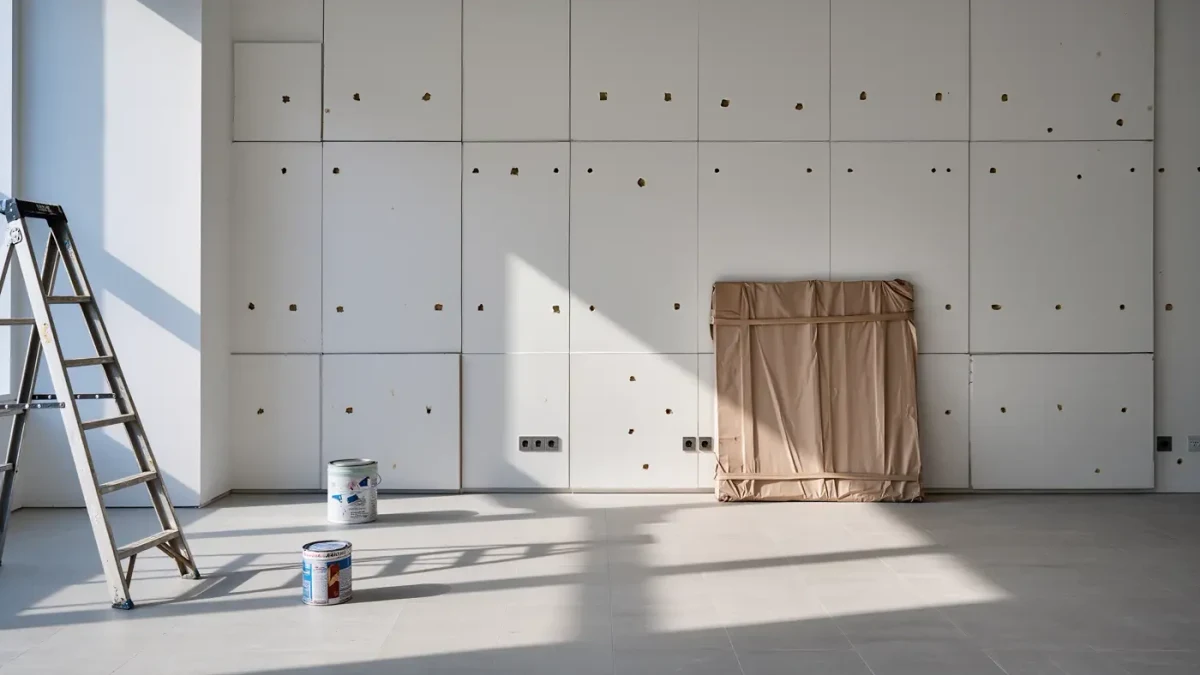 Empty gallery wall with faded marks and a leaning ladder