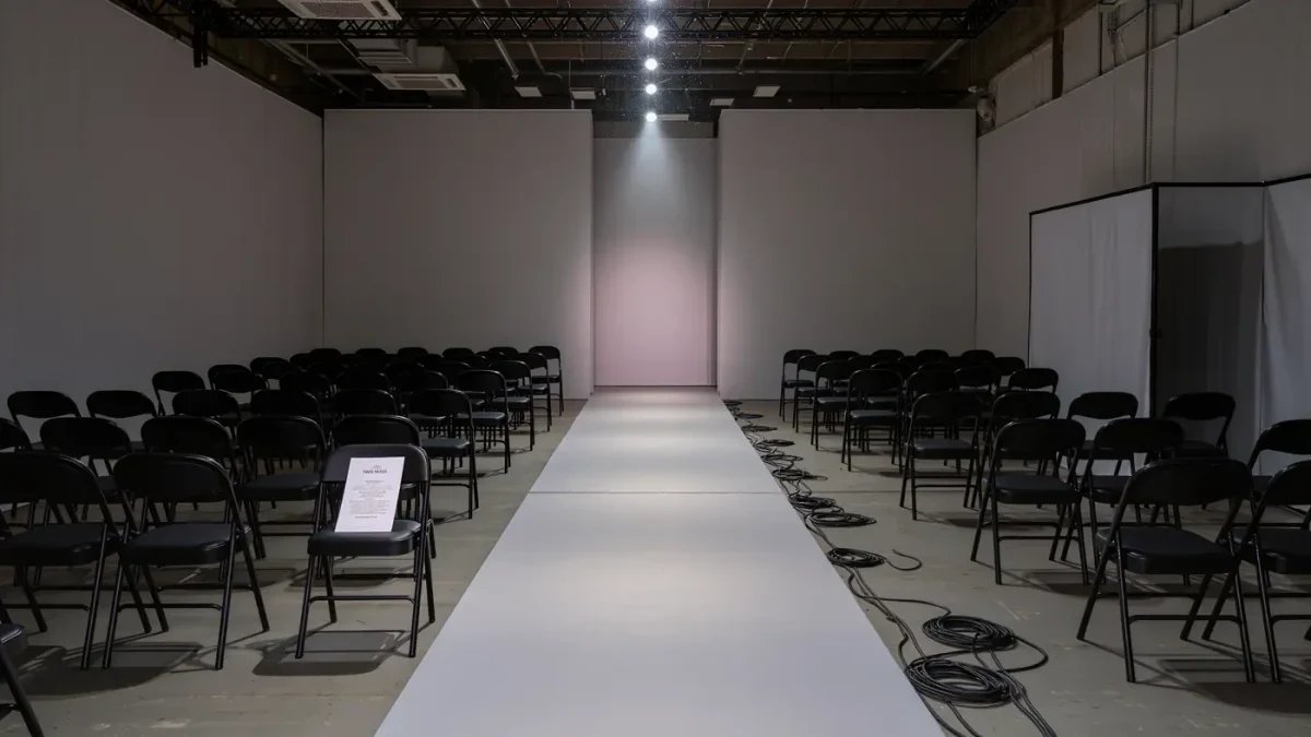 Empty fashion runway with empty folding chairs after a show
