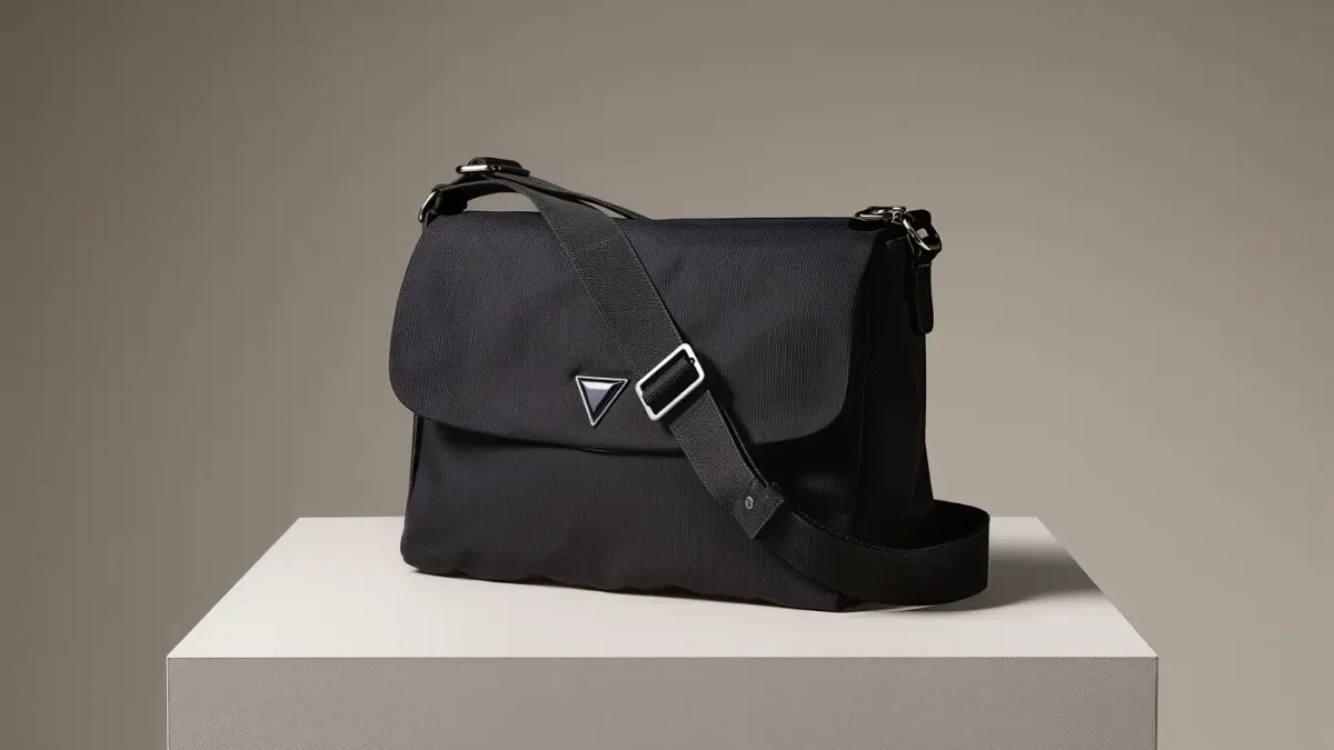 Close-up of a black nylon bag with an enamel triangle badge on a gallery table