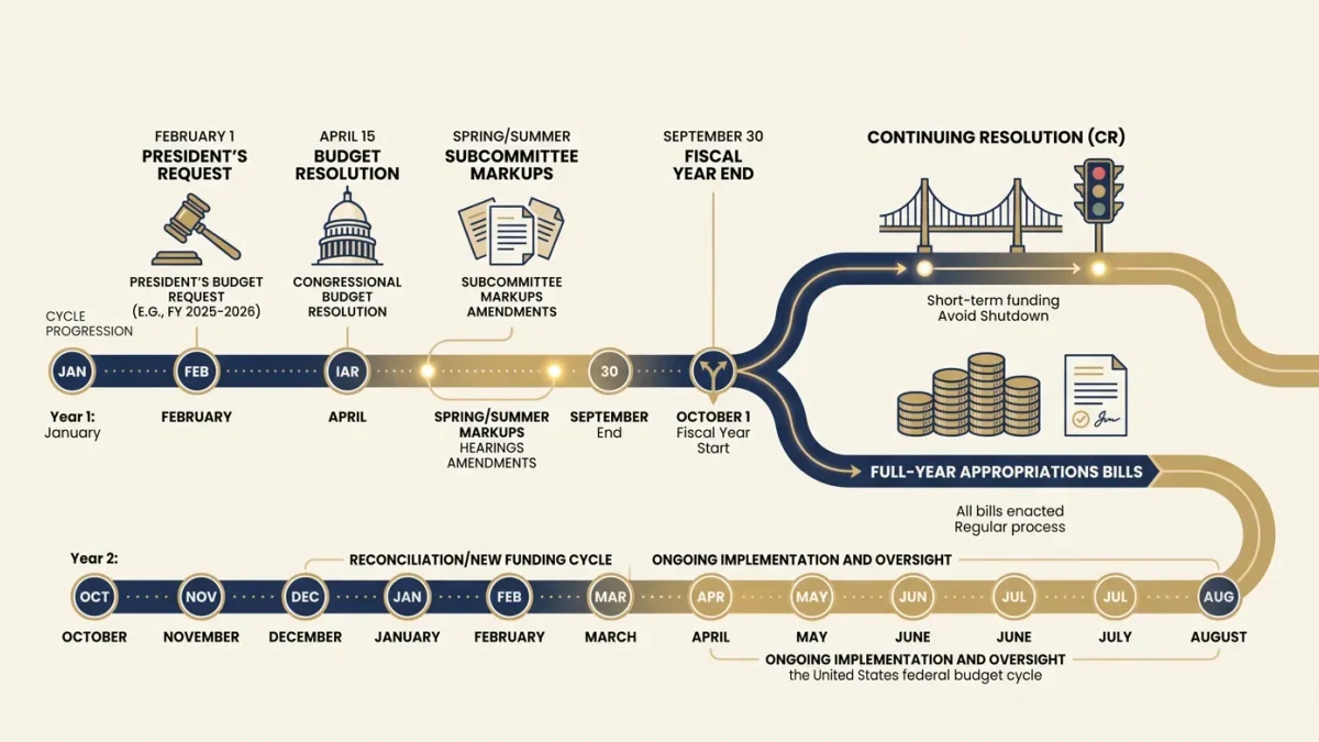 Timeline infographic of the federal budget production cycle