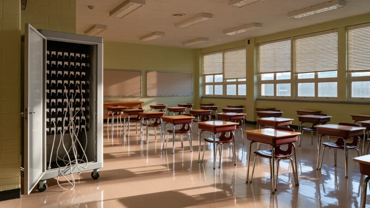 Charging cart of school tablets in an empty classroom