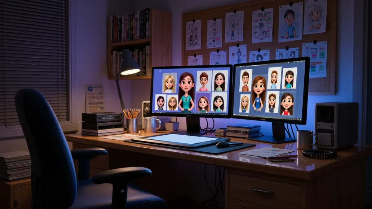 Empty animation studio desk with glowing monitors