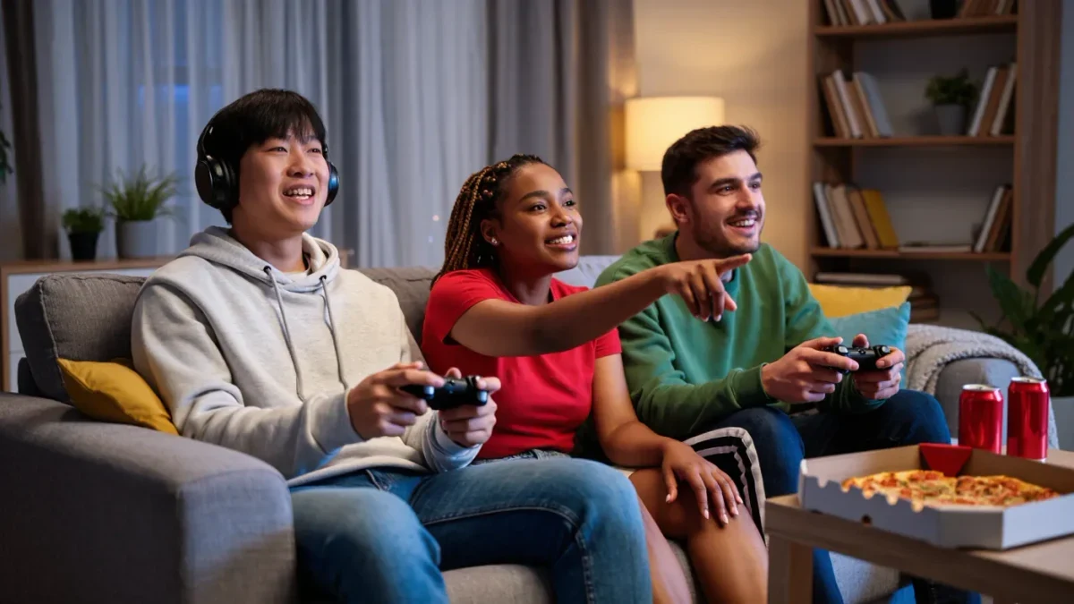 Young friends playing a story-driven game together in a dim living room